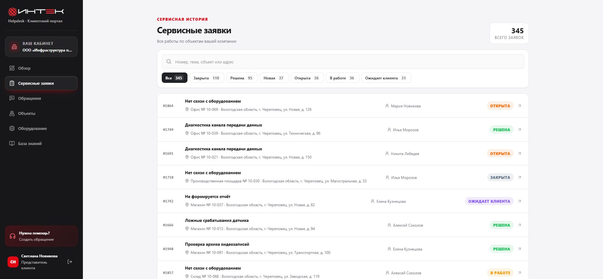 Список сервисных заявок в клиентском портале INTEK Helpdesk